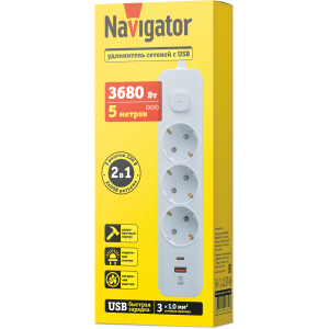 Удлинитель Navigator 95 689 NPE-USB06-03-500-ESC-3X1-PD20W. Фото 3